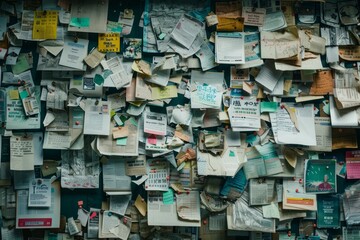 Overhead view of a bulletin board covered in various papers, notes, and flyers, creating a cluttered and textured display
