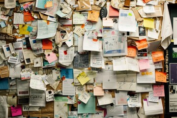 Overhead view of a bulletin board cluttered with different types of papers, notes, and flyers