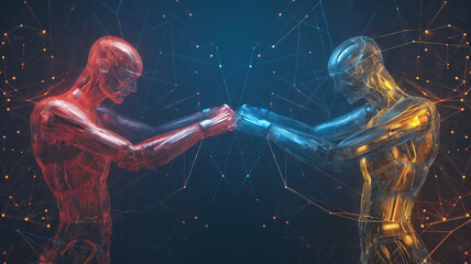 Two digital humanoid figures, one red and one blue, fist-bumping amidst a network of glowing lines...