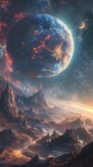 Majestic Cosmic Landscape with Fiery Planet and Towering Alien Mountains in the Night Sky