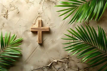 Palm Sunday background Wooden cross and palm leaves on neutral background with copy space for text....