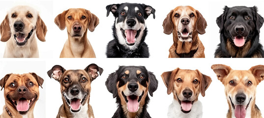 Collage made of funny dogs different breeds posing isolated over white studio background