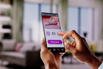 Man Using Online Money Donation Mobile Phone