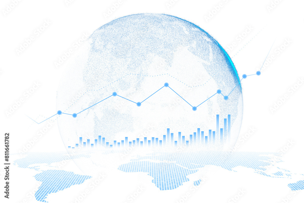 Poster A digital globe with a graph line and bar chart, representing global data analysis, against a white background