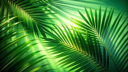 Sunlight and shadow from palm leaves on green background. Soft green background with shadows of palm leaves.