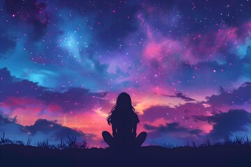 Silhouetted Figure Gazing at Breathtaking Cosmic Sunset Landscape