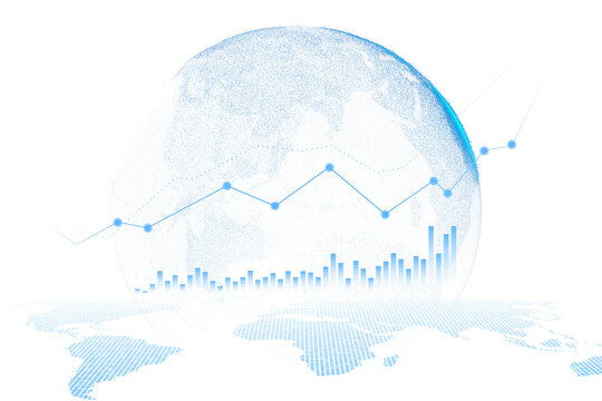 A digital globe with a graph line and bar chart, representing global data analysis, against a white background