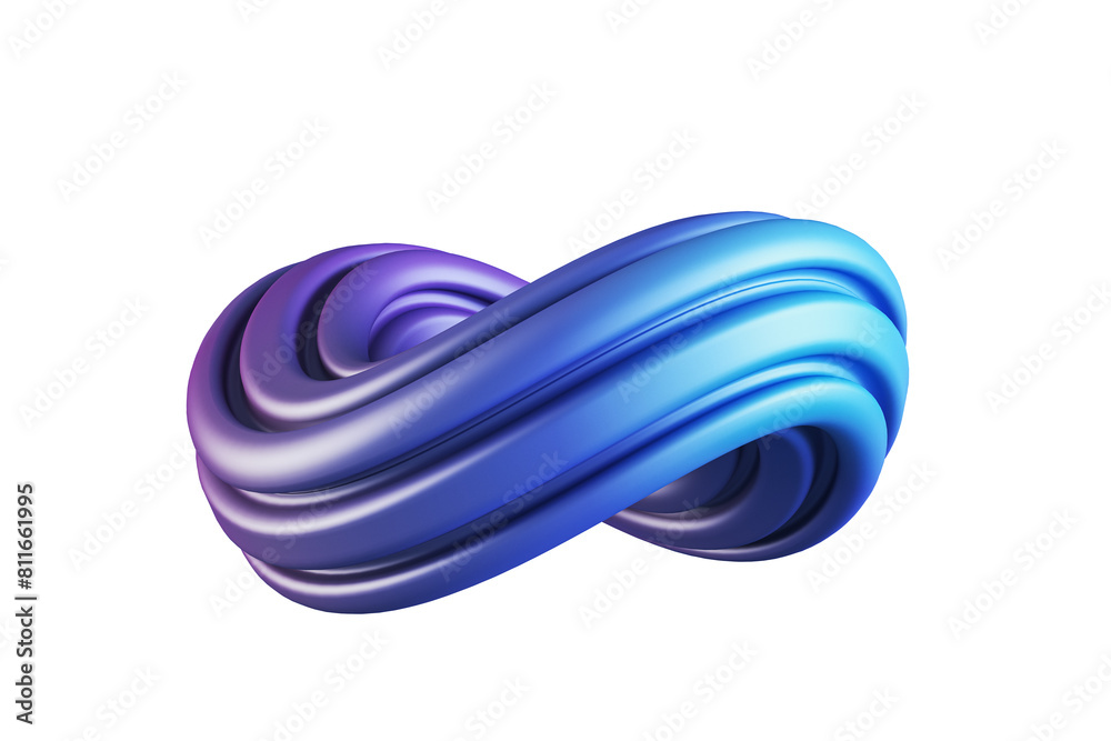 Poster a twisted abstract shape with blue and purple hues on a white background, representing fluidity or f