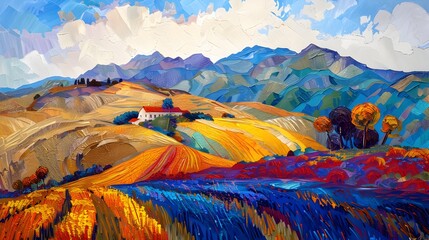 Vibrant Countryside Landscape with Farmhouse and Rolling Hills in Autumn