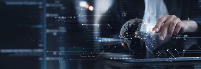 Data science, AI, Digital technology concept. Computer programmer using digital tablet with big data and cloud computing, business intelligence innovation technology background