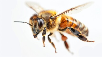 A bee flying in the air with its wings open.