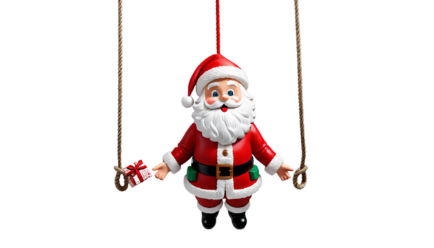 hanging render santa 3d rope claus three-dimensional illustration clip art white beard christmas holiday old red costume moustache winter cute fat gift hat jolly smile joy cheerful season happy