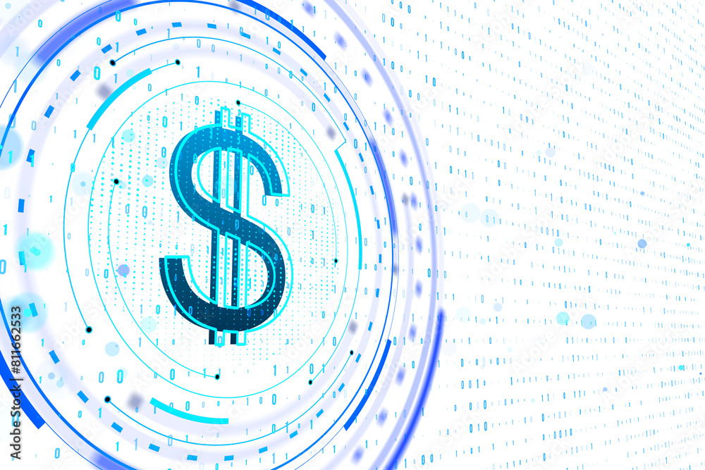 Aufkleber A digital dollar sign in blue tones, with circular tech elements and binary code on a white background, depicting a financial technology concept