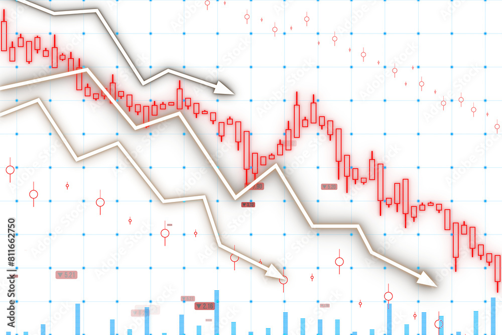 Poster a digital financial chart with downward trend lines and candlestick patterns on a white and blue gri
