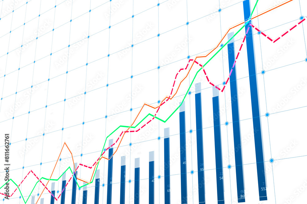 Poster A vibrant detailed graph with multiple line charts overlaid on a bar chart, set against a grid on a white background, representing data analysis