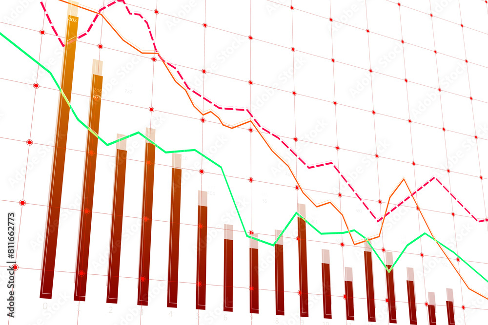 Poster A colorful bar graph with overlaid line graphs on a grid, indicating data analysis concept, on a white background