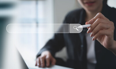 SEO, Search Engine Optimization. Woman touching search bar on virtual screen, working on laptop computer searching the information, internet browsing. Web page banner