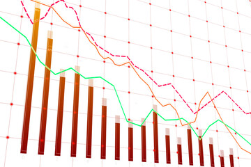 A colorful bar graph with overlaid line graphs on a grid, indicating data analysis concept, on a white background