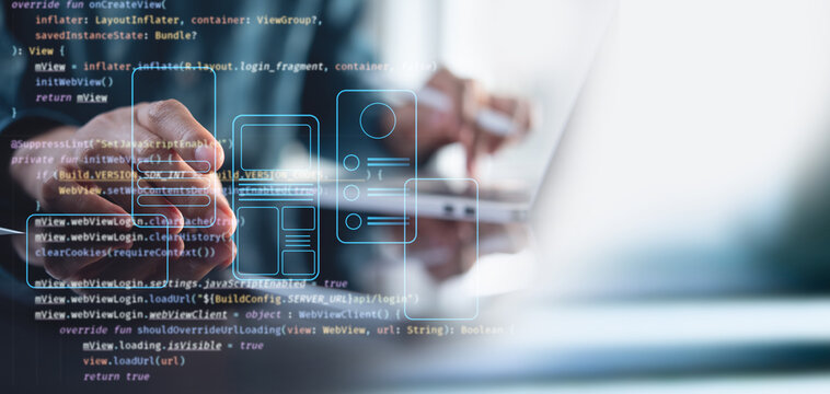 UX UI, Mobile app user interface designs, digital software, mobile app development concept. Planning application process develop prototype wireframe for mobile phone. User experience, computer code