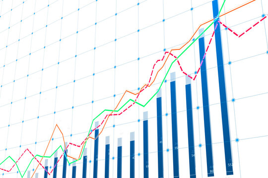 A vibrant detailed graph with multiple line charts overlaid on a bar chart, set against a grid on a white background, representing data analysis