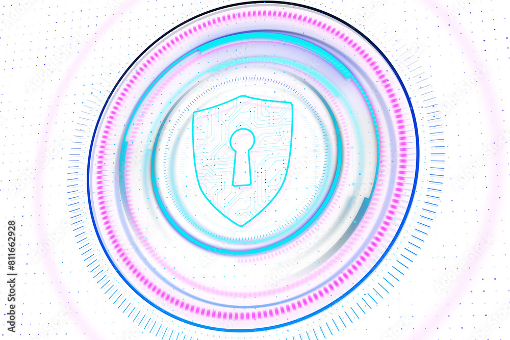 Poster A digital shield symbolizing cybersecurity on a white background with vibrant circular patterns and a circuit design concept