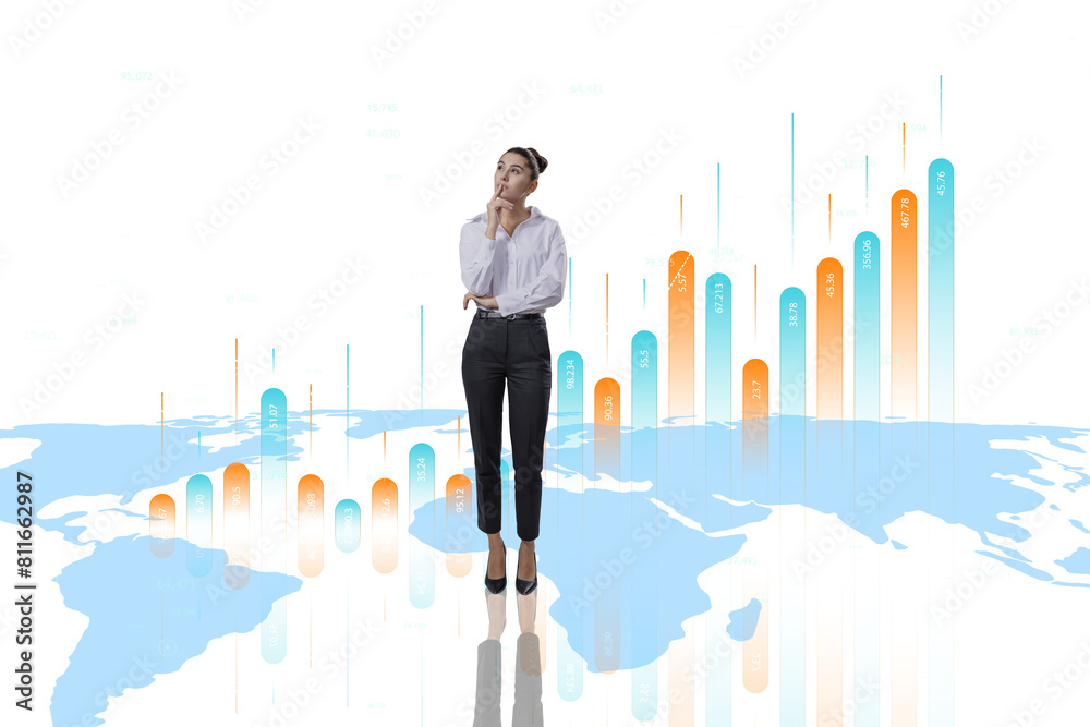 Aufkleber a thoughtful businesswoman stands in front of a transparent infographic chart with a world map outli