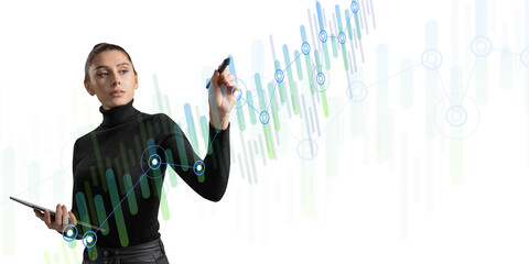 Woman interacting with futuristic interface graphics, against a white background, concept of...