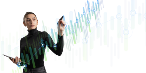 Woman interacting with futuristic interface graphics, against a white background, concept of technology and analytics