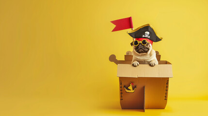 Little pirate with pug dog and cardboard ship on yellow