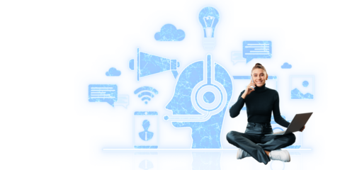 A person sitting with a laptop and using a phone, surrounded by digital icons, on a white background, concept of technology