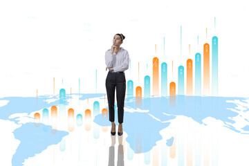 A thoughtful businesswoman stands in front of a transparent infographic chart with a world map outline in the background, suggesting global analytics