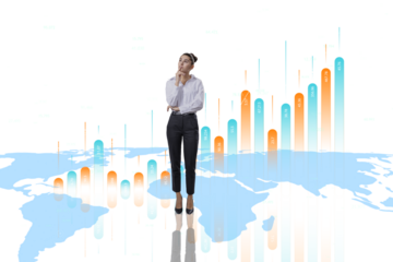 A thoughtful businesswoman stands in front of a transparent infographic chart with a world map outline in the background, suggesting global analytics