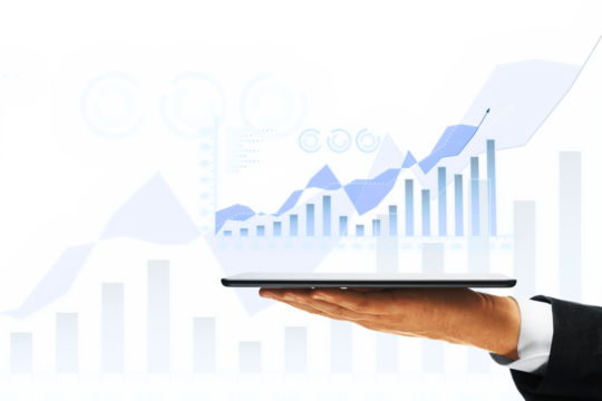 A person's hand holding a tablet with a digital graph, overlaid on a white background with financial symbols, symbolizing business growth
