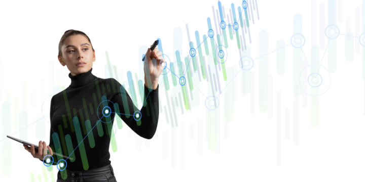 Woman interacting with futuristic interface graphics, against a white background, concept of technology and analytics