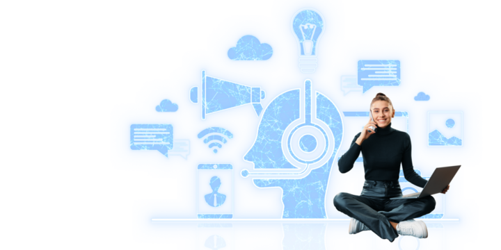 A person sitting with a laptop and using a phone, surrounded by digital icons, on a white background, concept of technology