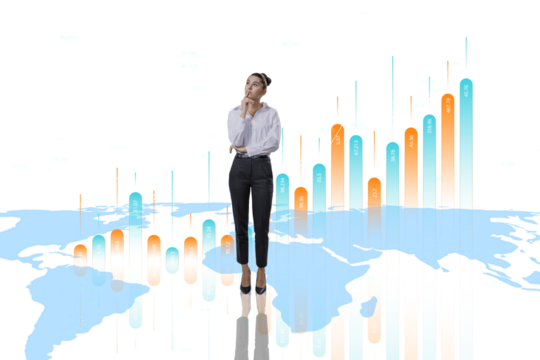 A thoughtful businesswoman stands in front of a transparent infographic chart with a world map outline in the background, suggesting global analytics