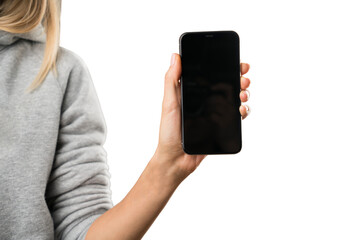 A person holding a smartphone with a blank screen, isolated on a white background, depicting the concept of technology and connectivity