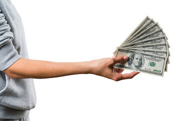 A hand holding a spread of US dollar bills, isolated on a white background, showing the concept of...