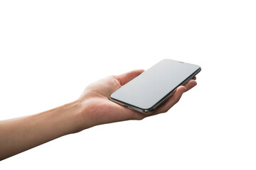 A hand holding a smartphone with a blank screen, isolated on a white background, illustrating a...