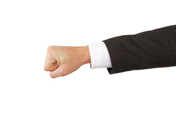 Obraz premium A man's clenched fist, dressed in a suit and white shirt cuff, against a white background, signifying determination or agreement