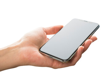 A hand holding a smartphone with a blank screen, isolated on a white background, conveying technology and connectivity