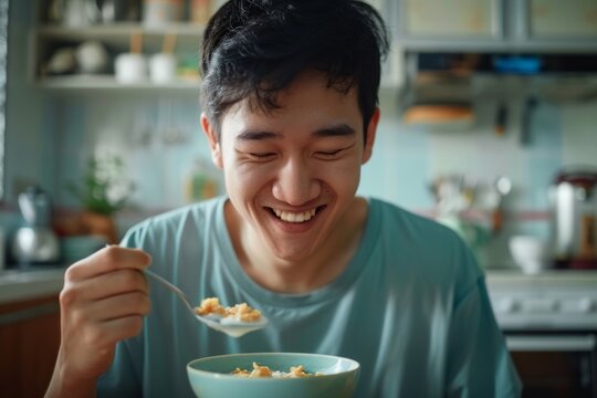 Asian man smiling while having breakfast at home - Powered by Adobe