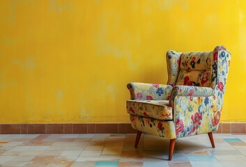 Yellow armchair vintage retro flower style on yellow wall	
