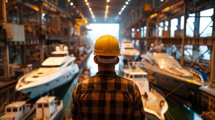 A man in a yellow hard hat looking at a large yacht in a shipyard.