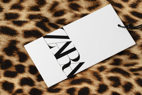 Santa Cruz de Tenerife, SPAIN - March 23 , 2024: The Tag of ZARA Spanish design brand on the animal print cloth