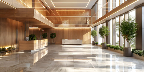 Interior of modern office with white walls, tiled floor, panoramic windows and daylight Hotel or office building lobby floor with modern interior