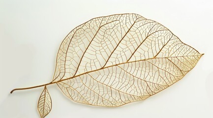 A single leaf with intricate veins in shades of gold and red, lying on the white surface