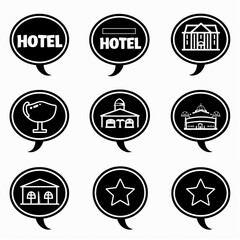 hotel icons set, black color vector illustration on white background with text "HOTEL" and stars symbols for the