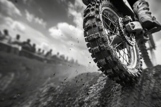A dirt bike is shown with its tire in the air