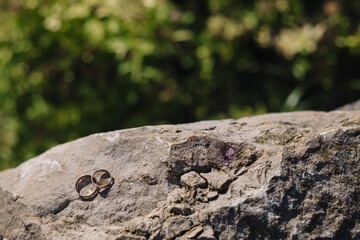 wedding rings lie on the sea rock